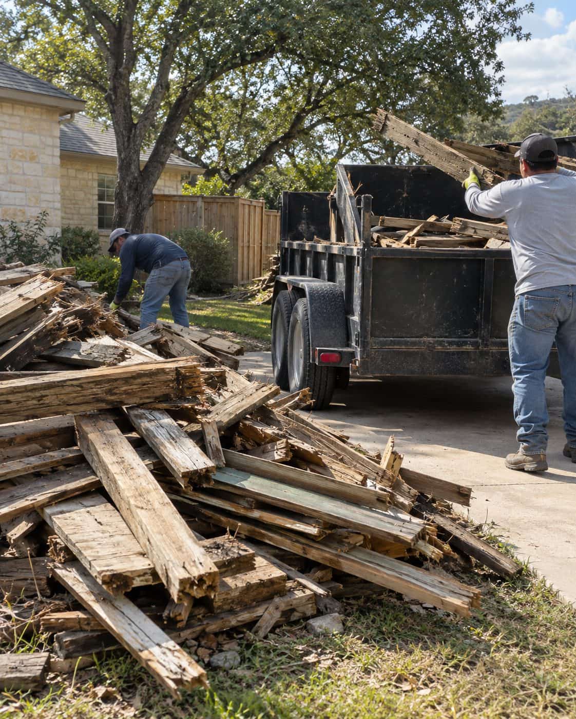 Pile of torn-out deck boards and fence pickets being loaded into a dump trailer from a San Antonio driveway