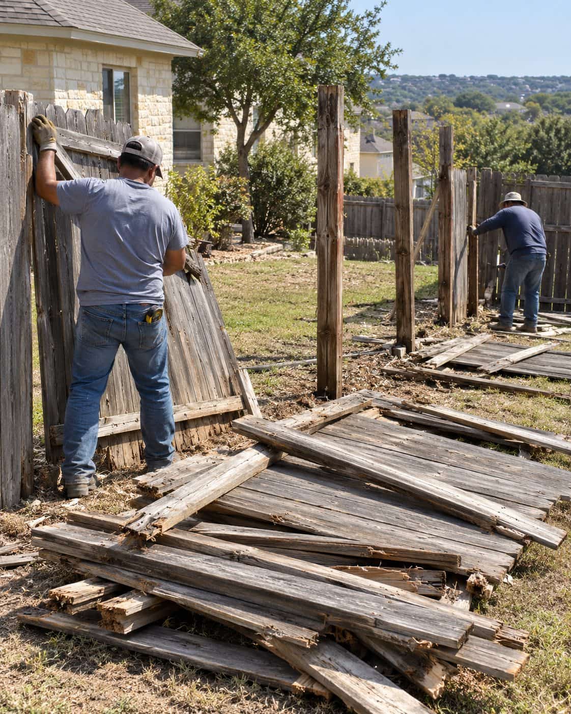 Old gray wood privacy fence being torn out, pickets and rails stacked along the fence line in a San Antonio yard