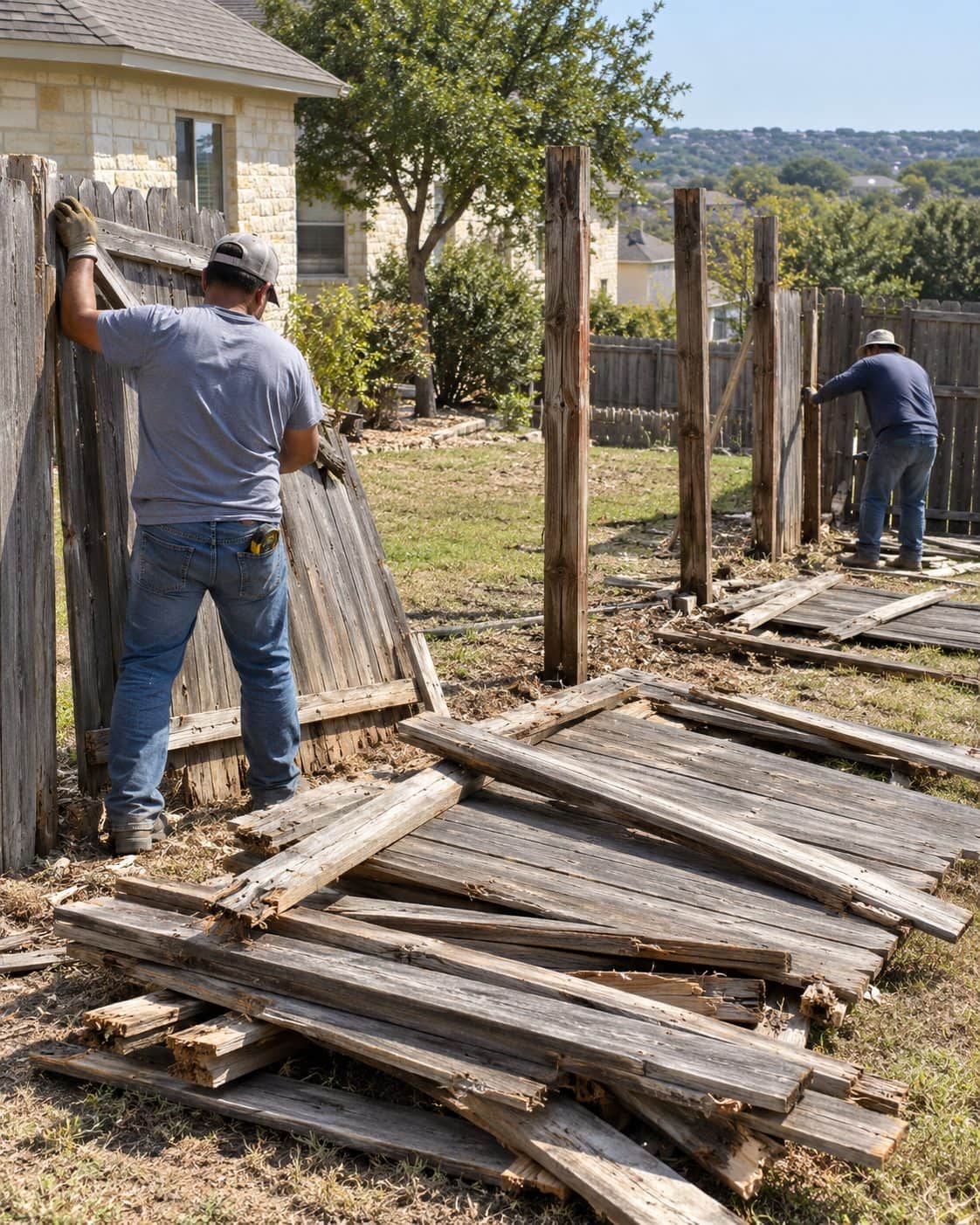 Old gray wood privacy fence being torn out, pickets and rails stacked along the fence line in a San Antonio yard
