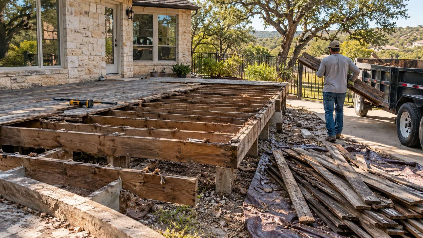 Deck teardown with boards stacked on a tarp beside a dump trailer