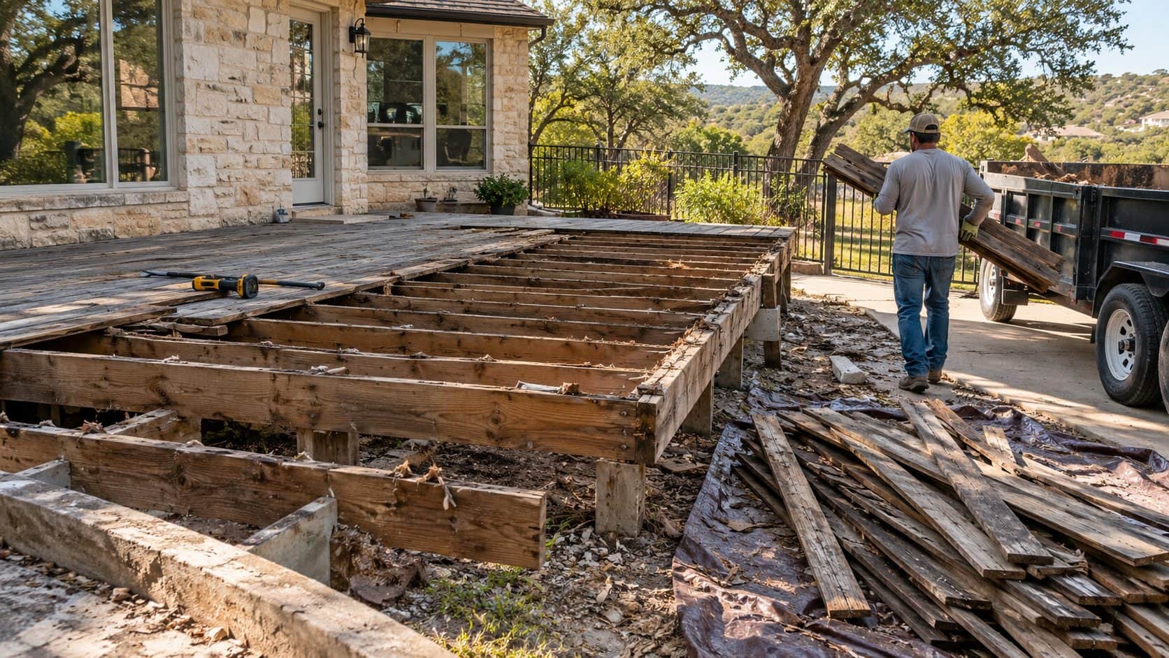 Rotten gray deck boards pried up over dark, rotted joists during a deck removal at a limestone home in San Antonio