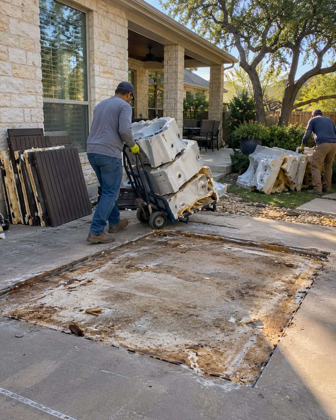 Old hot tub cut into sections and wheeled out on a hand truck, its empty footprint left on the patio slab
