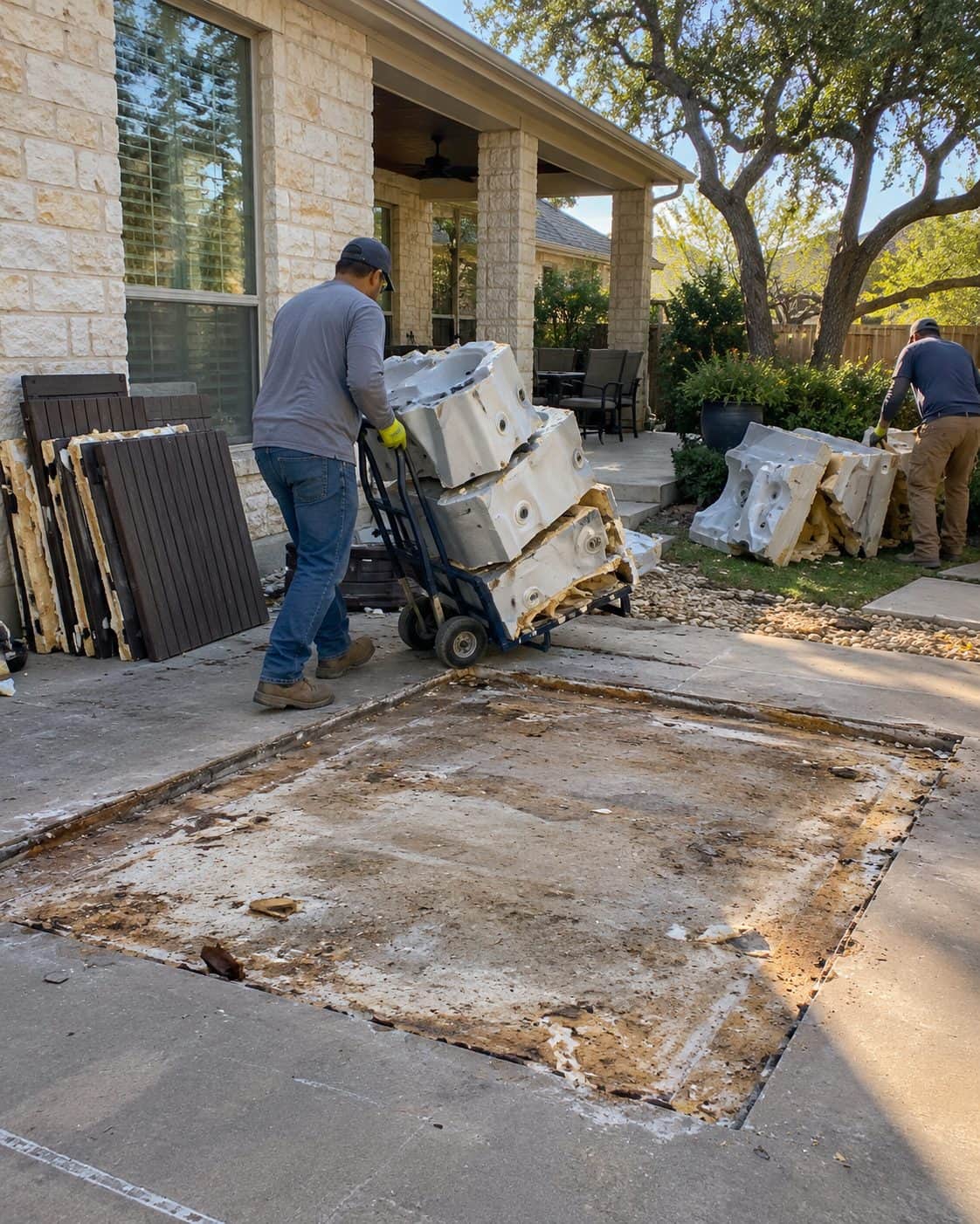 Old hot tub cut into sections and wheeled out on a hand truck, its empty footprint left on the patio slab