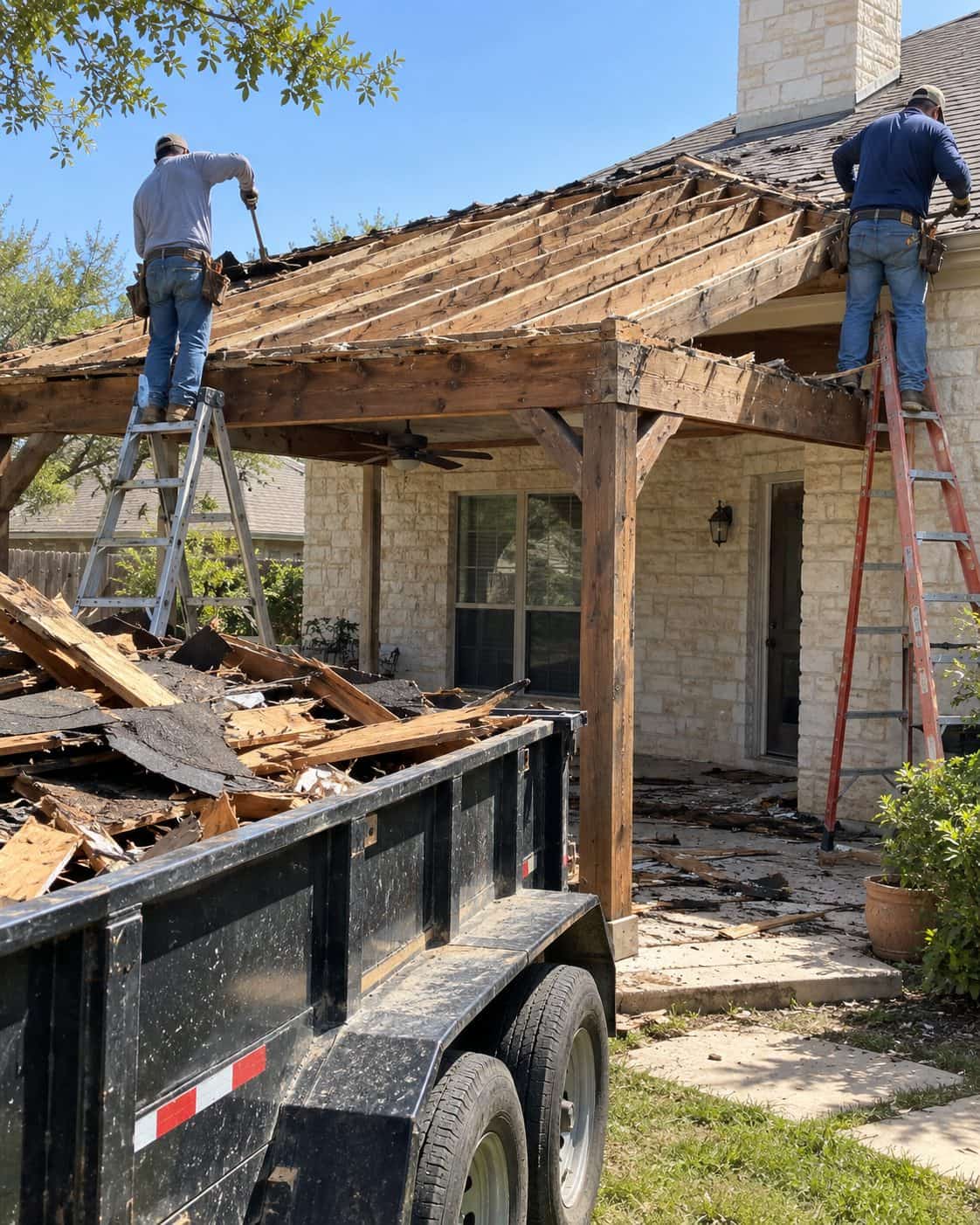 Wood patio cover with its shingle roof stripped to bare rafters, roofing debris in a dump trailer, San Antonio