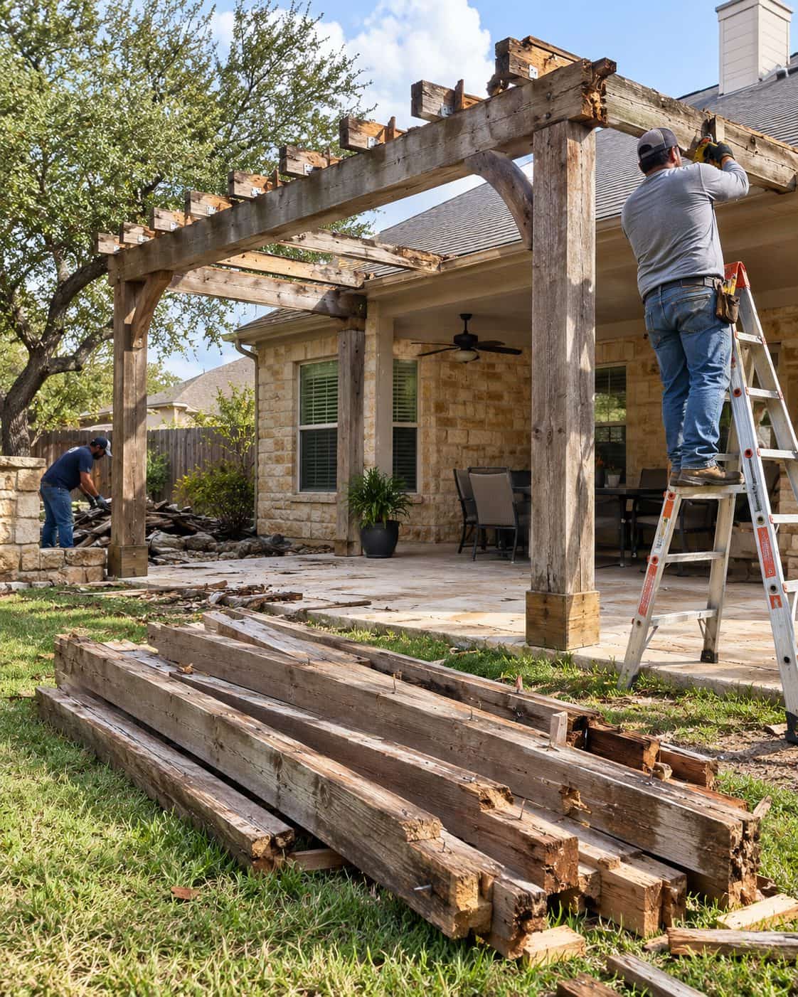 Old cedar pergola half taken down with rafters stacked on the lawn in San Antonio, Texas, by Klema Builders