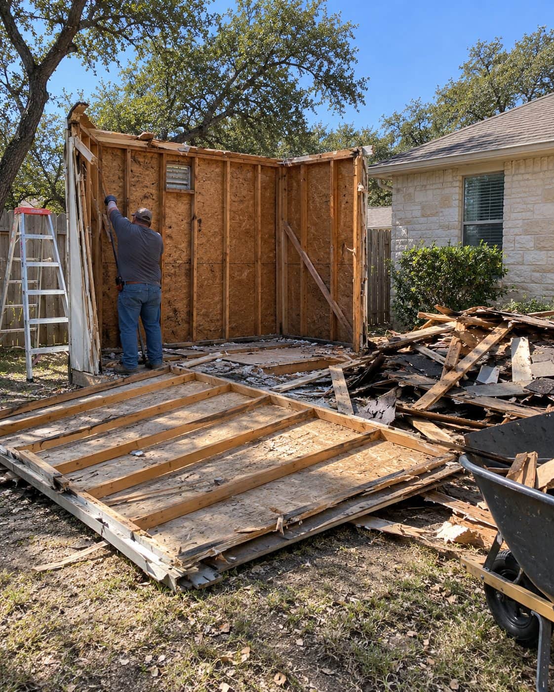 Old wood backyard shed being torn down, roof off and a wall panel on the ground, San Antonio