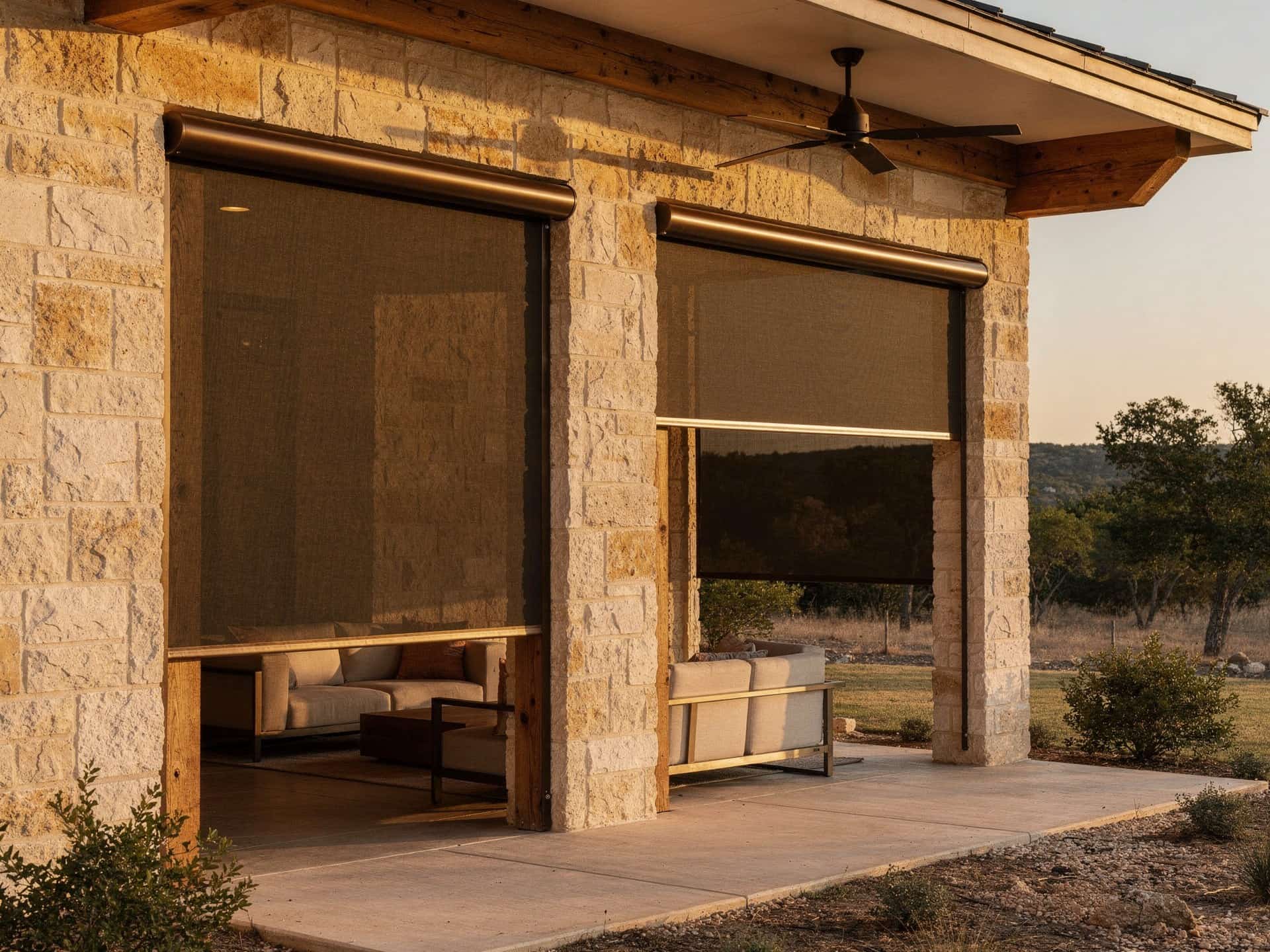 Motorized retractable screen lowered between cedar posts on a covered patio