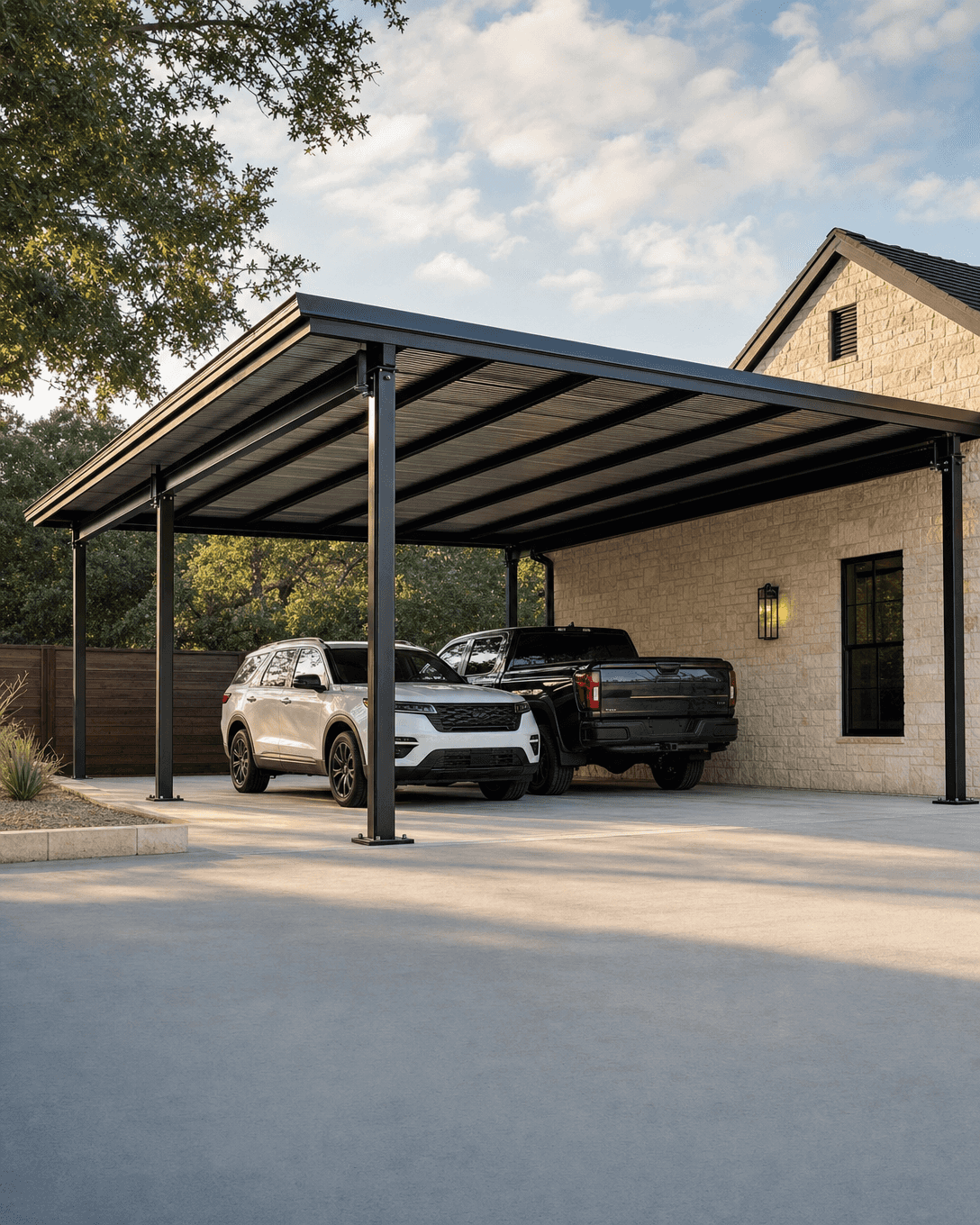 Steel carport with a dark metal roof beside a limestone home