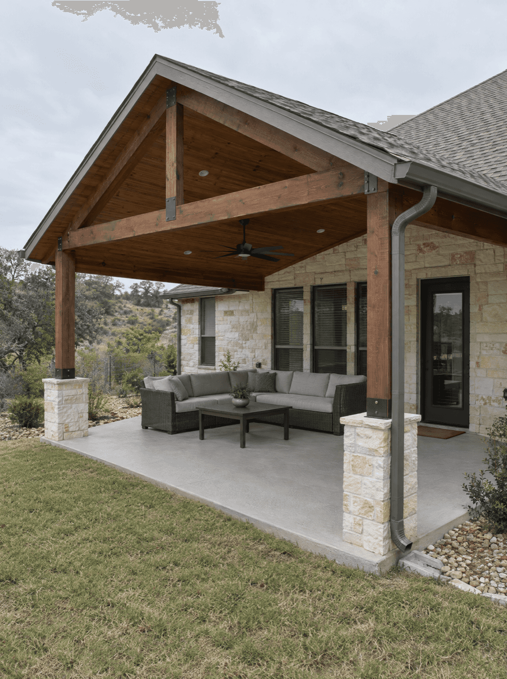 Covered patio with custom roof, outdoor living space in San Antonio, Texas by Klema Builders