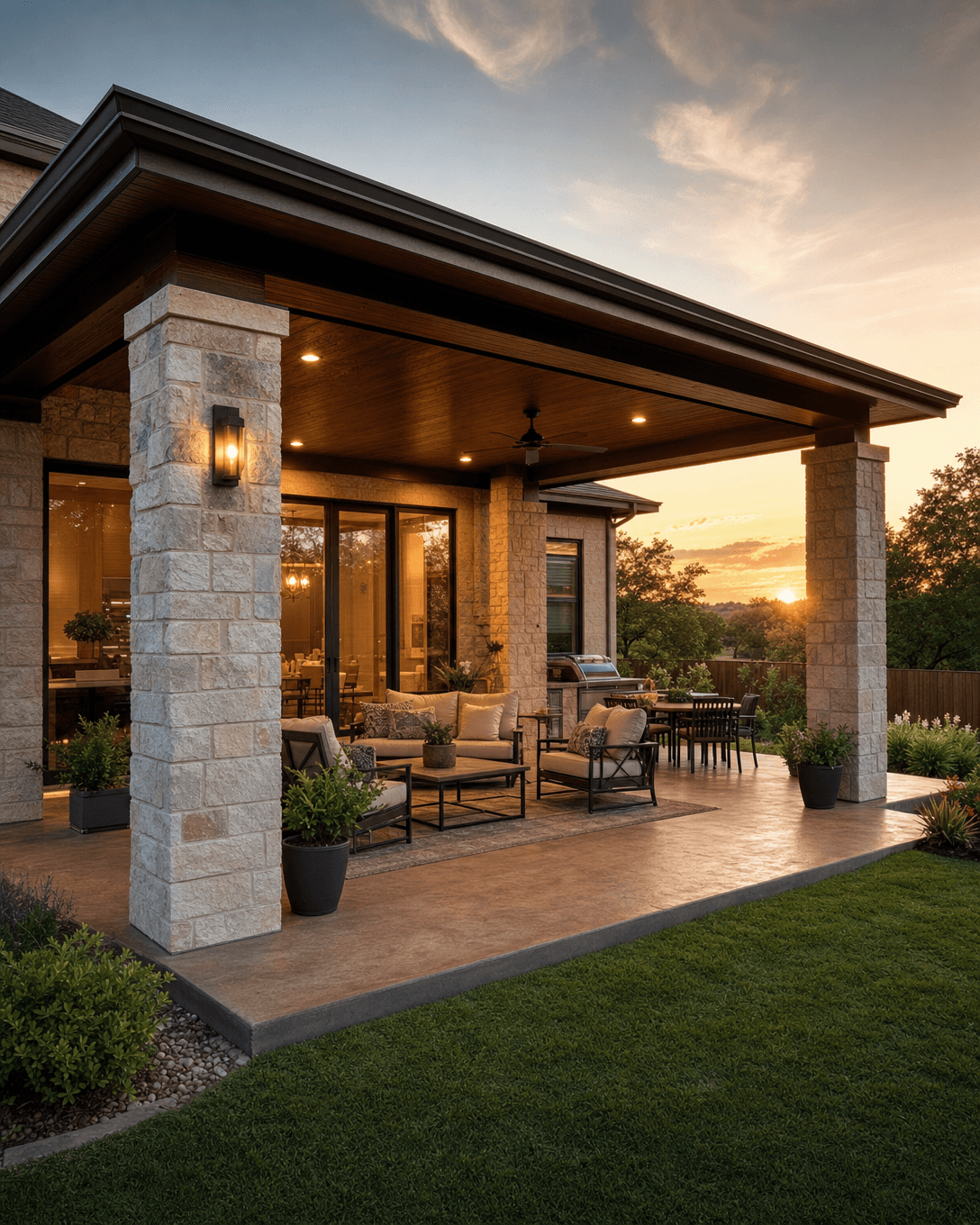 Covered patio with custom roof, outdoor living space in San Antonio, Texas by Klema Builders