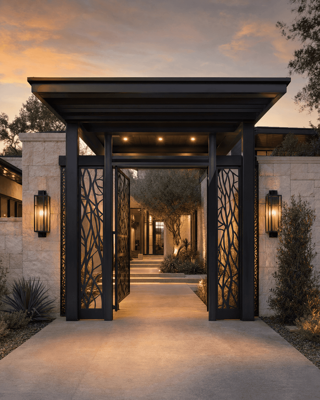 Black steel entry pavilion with laser-cut screens at a limestone home