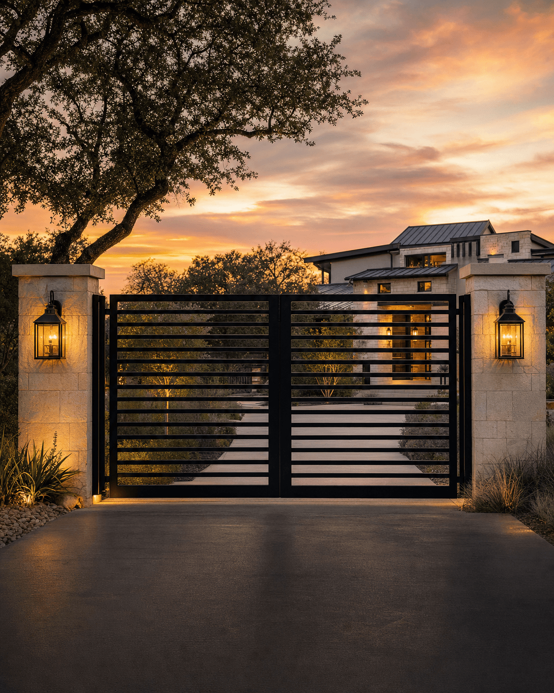 Custom steel driveway gate at a San Antonio Hill Country home by Klema Builders