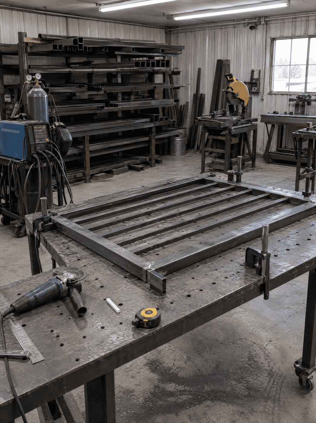 Steel frame on a fabrication table in a metal shop