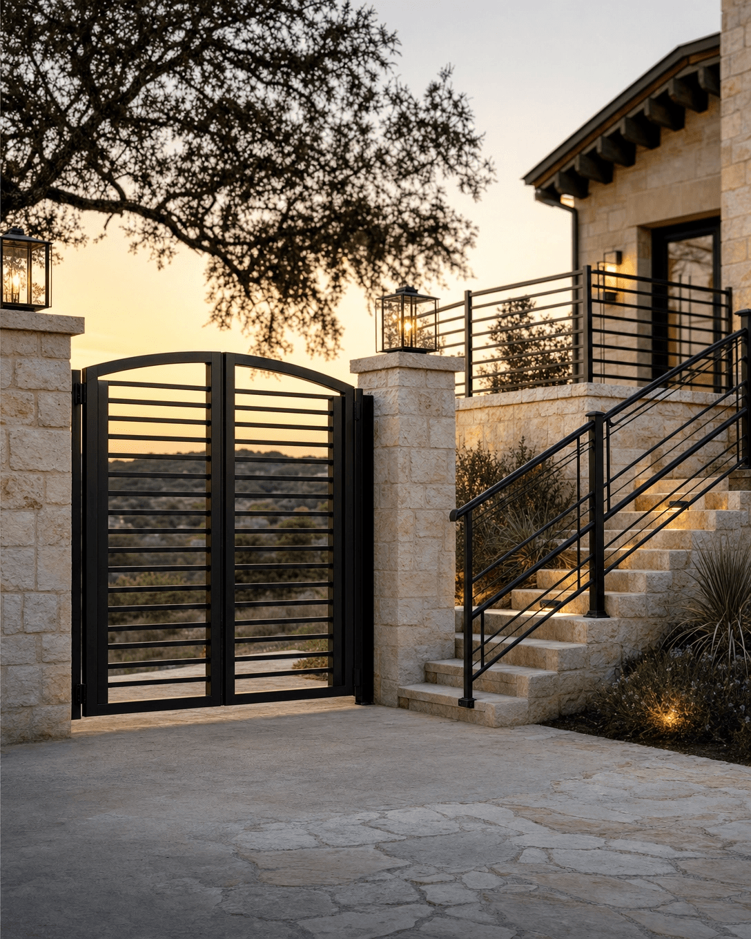 Custom steel gate, railings, and stair handrails at a San Antonio Hill Country home