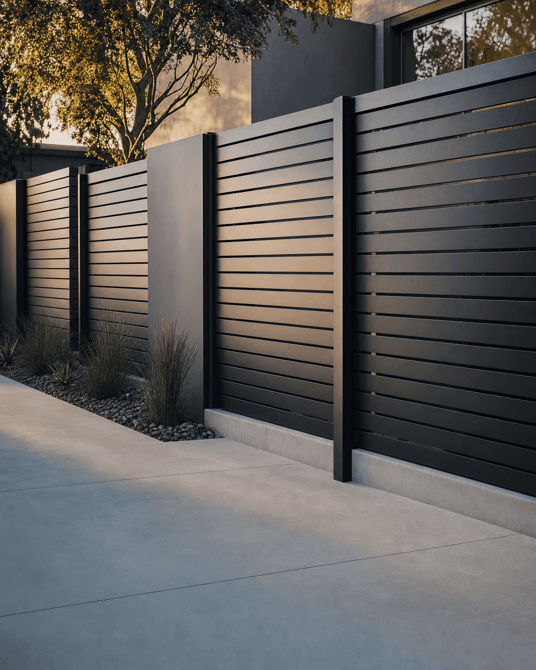 Black horizontal steel panel fence along a driveway