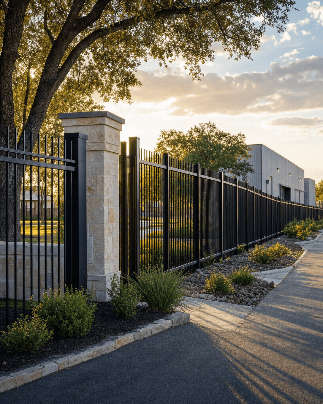 Black iron fence with limestone columns