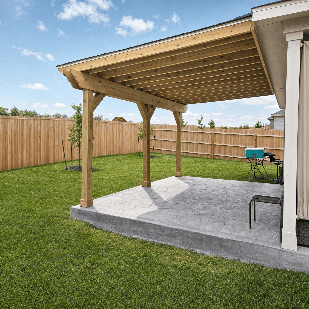 Custom covered patio with limestone columns and outdoor seating