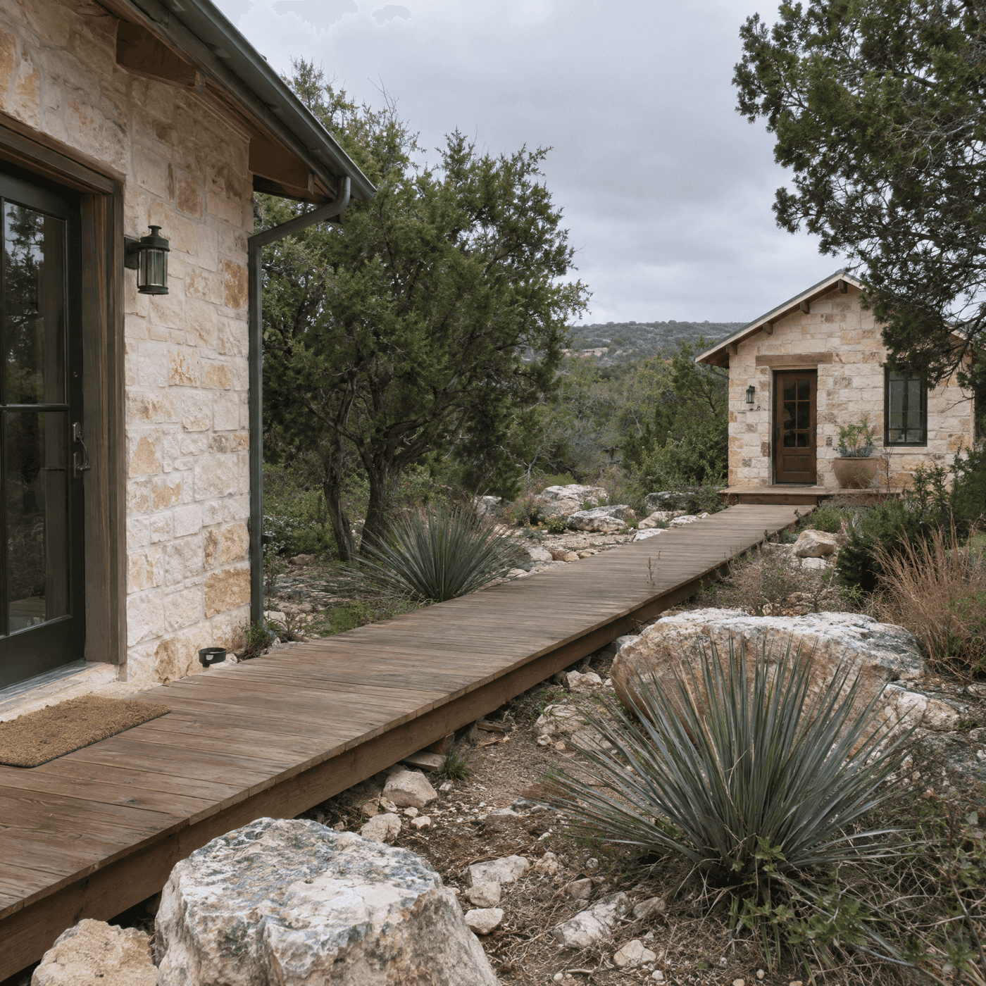 Wood boardwalk deck through a native limestone garden